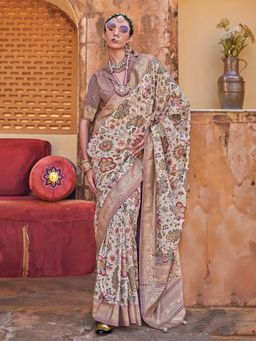 Akhilam - Womens Silk Blend Beige Printed Saree with Unstitched Blouse