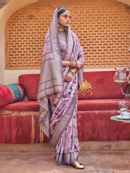 Akhilam - Womens Silk Blend Lavender Printed Saree with Unstitched Blouse