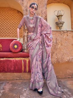 Akhilam - Womens Silk Blend Mauve Printed Saree with Unstitched Blouse