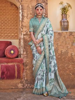 Akhilam - Womens Silk Blend Light Blue Printed Saree with Unstitched Blouse