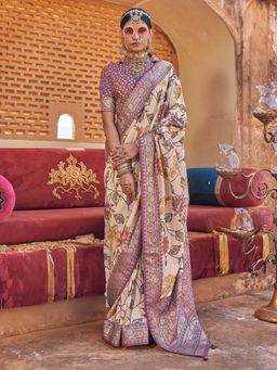 Akhilam - Womens Silk Blend Beige Printed Saree with Unstitched Blouse