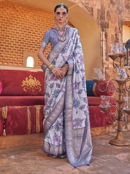 Akhilam - Womens Silk Blend Violet Printed Saree with Unstitched Blouse