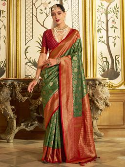 Akhilam - Womens Silk Blend Green Woven Design Saree with Unstitched Blouse