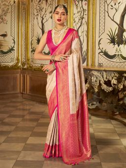 Akhilam - Womens Silk Blend Cream Woven Design Saree with Unstitched Blouse
