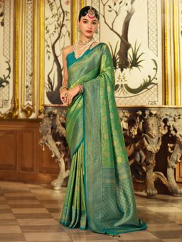 Akhilam - Womens Silk Blend Light Green Woven Design Saree with Unstitched Blouse