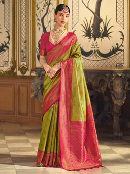 Akhilam - Womens Silk Blend Light Green Woven Design Saree with Unstitched Blouse