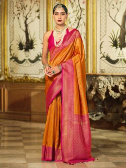 Akhilam - Womens Silk Blend Orange Woven Design Saree with Unstitched Blouse