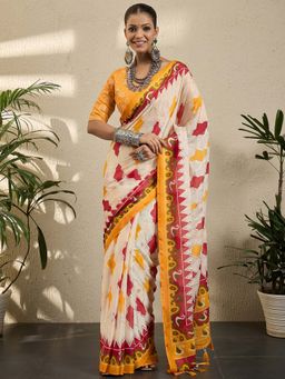 Akhilam - Womens Georgette Yellow Printed Saree with Unstitched Blouse