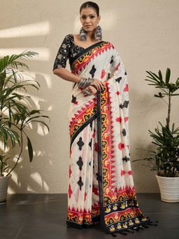 Akhilam - Womens Georgette Black Printed Saree with Unstitched Blouse