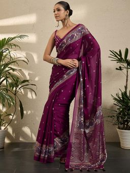 Akhilam - Womens Georgette Magenta Printed Saree with Unstitched Blouse