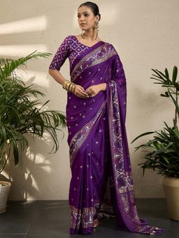 Akhilam - Womens Georgette Purple Printed Saree with Unstitched Blouse
