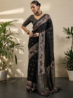Akhilam - Womens Georgette Black Printed Saree with Unstitched Blouse