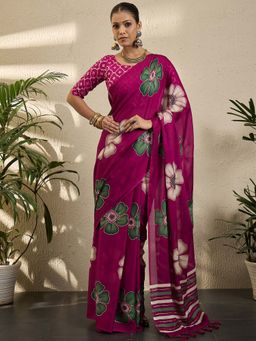Akhilam - Womens Georgette Magenta Printed Saree with Unstitched Blouse