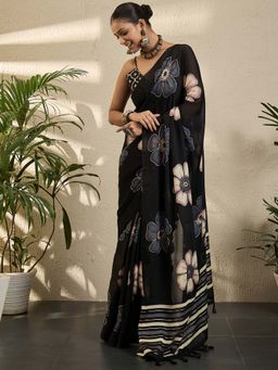 Akhilam - Womens Georgette Black Printed Saree with Unstitched Blouse