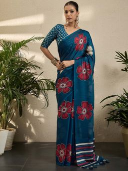 Akhilam - Womens Georgette Light Blue Printed Saree with Unstitched Blouse