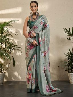 Akhilam - Womens Georgette Green Printed Saree with Unstitched Blouse