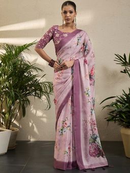 Akhilam - Womens Georgette Mauve Printed Saree with Unstitched Blouse