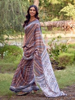 Akhilam - Womens Linen Blend Brown Printed Saree with Unstitched Blouse