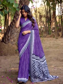 Akhilam - Womens Linen Blend Purple Printed Saree with Unstitched Blouse