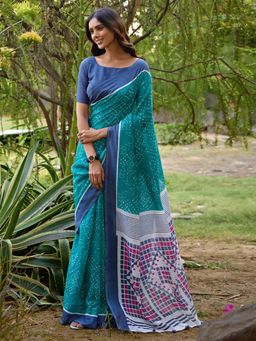 Akhilam - Womens Linen Blend Blue Printed Saree with Unstitched Blouse