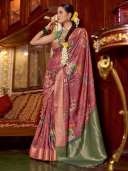 Akhilam - Womens Polycotton Rust Digital Print Saree with Unstitched Blouse