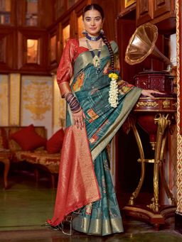 Akhilam - Womens Polycotton Teal Digital Print Saree with Unstitched Blouse