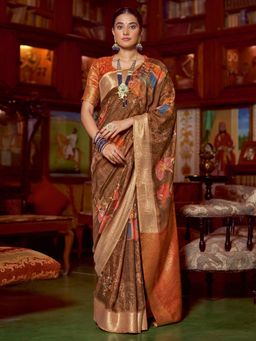 Akhilam - Womens Polycotton Brown Digital Print Saree with Unstitched Blouse