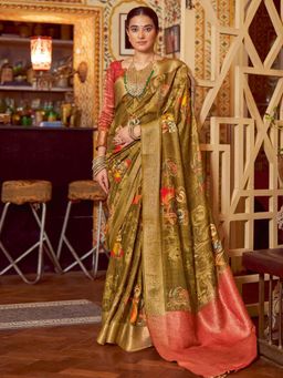 Akhilam - Womens Polycotton Olive Digital Print Saree with Unstitched Blouse