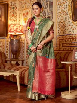 Akhilam - Womens Polycotton Green Digital Print Saree with Unstitched Blouse