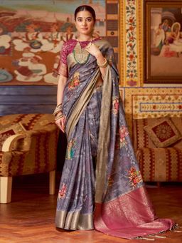 Akhilam - Womens Polycotton Purple Digital Print Saree with Unstitched Blouse