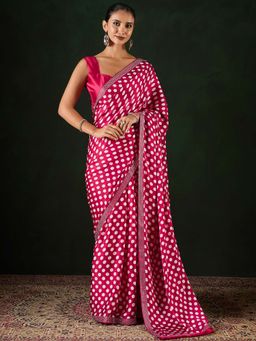 Akhilam - Womens Georgette Pink Embellished Saree with Unstitched Blouse