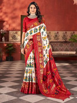 Akhilam - Womens Tussar Silk Off White Woven Design Saree with Unstitched Blouse