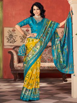 Akhilam - Womens Tussar Silk Yellow Woven Design Saree with Unstitched Blouse