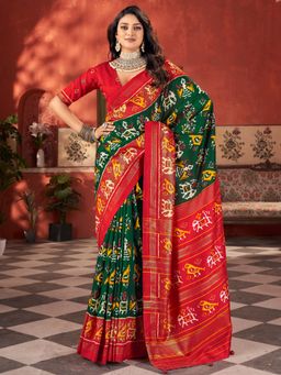 Akhilam - Womens Tussar Silk Dark Green Woven Design Saree with Unstitched Blouse
