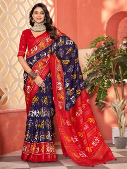 Akhilam - Womens Tussar Silk Navy Blue Woven Design Saree with Unstitched Blouse