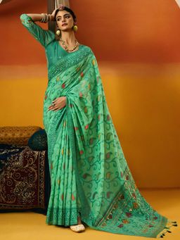 Akhilam - Womens Cotton Blend Teal Green Woven Design Saree with Unstitched Blouse