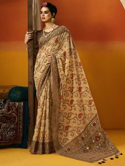 Akhilam - Womens Cotton Blend Beige Woven Design Saree with Unstitched Blouse