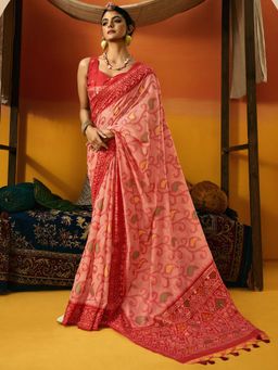 Akhilam - Womens Cotton Blend Peach Woven Design Saree with Unstitched Blouse