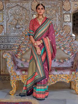 Akhilam - Womens Silk Blend Burgundy Printed Saree with Unstitched Blouse