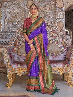Akhilam - Womens Silk Blend Violet Printed Saree with Unstitched Blouse