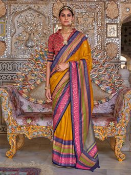Akhilam - Womens Silk Blend Mustard Printed Saree with Unstitched Blouse