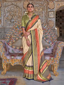 Akhilam - Womens Silk Blend Cream Printed Saree with Unstitched Blouse