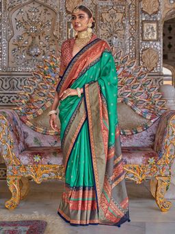 Akhilam - Womens Silk Blend Teal Printed Saree with Unstitched Blouse
