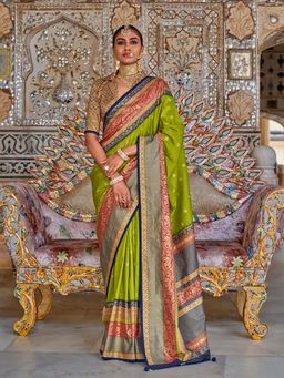 Akhilam - Womens Silk Blend Green Printed Saree with Unstitched Blouse
