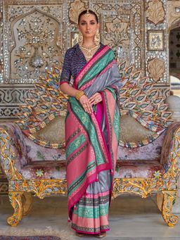 Akhilam - Womens Silk Blend Grey Printed Saree with Unstitched Blouse