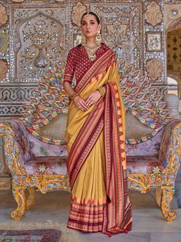 Akhilam - Womens Silk Blend Yellow Printed Saree with Unstitched Blouse