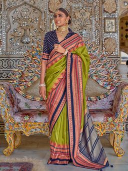 Akhilam - Womens Silk Blend Green Printed Saree with Unstitched Blouse