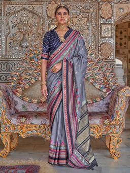 Akhilam - Womens Silk Blend Grey Printed Saree with Unstitched Blouse