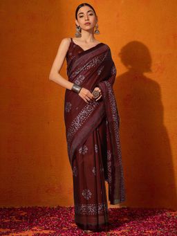 Akhilam - Womens Cotton Maroon Printed Celebrity Saree with Unstitched Blouse