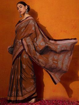 Akhilam - Womens Cotton Rust Printed Celebrity Saree with Unstitched Blouse